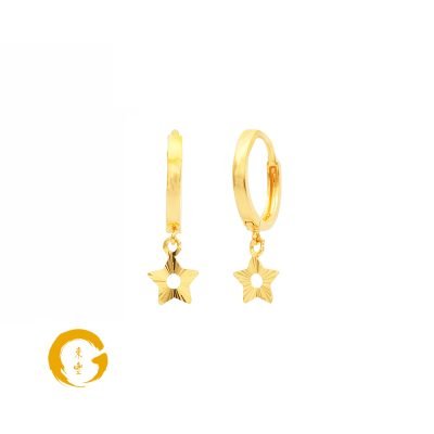 916 Gold Dangling Hoop Shiny Star Earrings